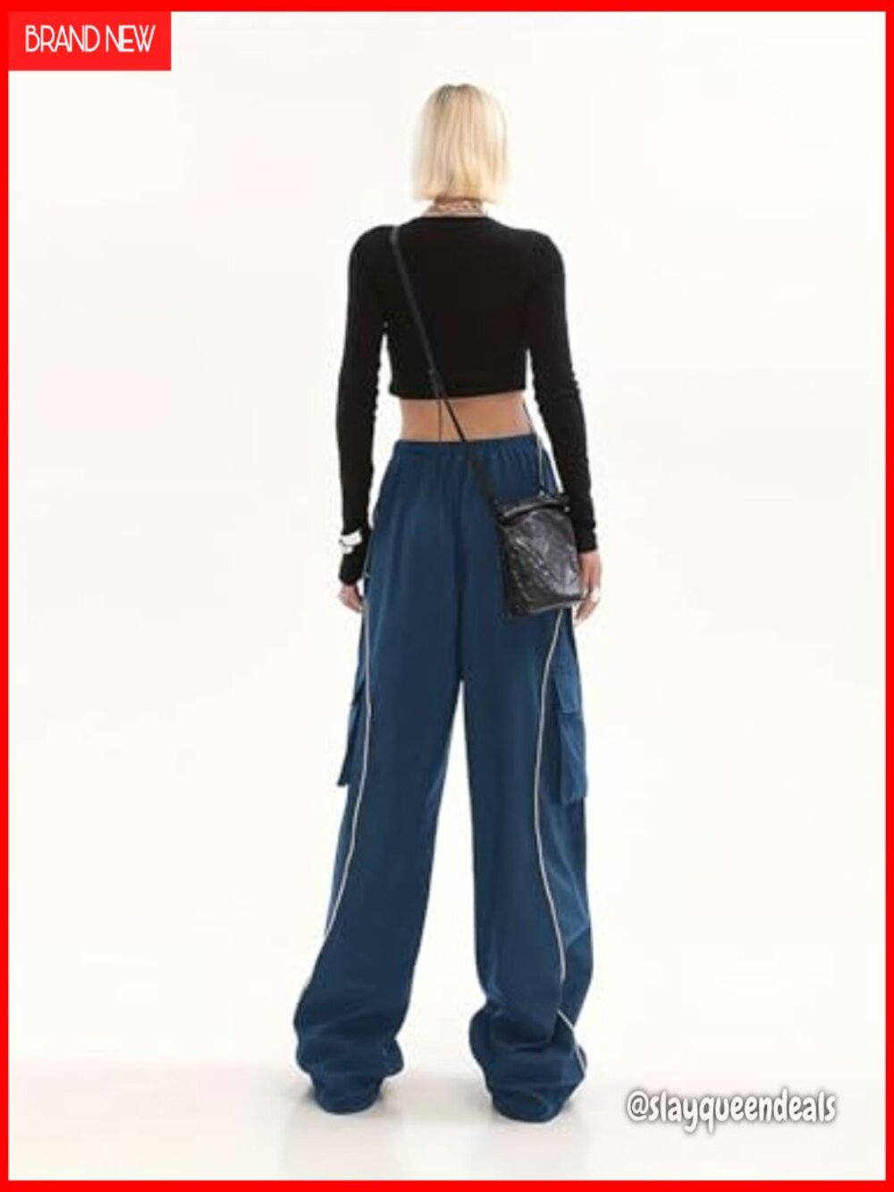 Baggy Cargo Pants Elastic Waist Y2K Parachute Track Pants Wide Leg with Pockets - Picture 5 of 6